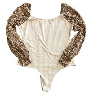 Pink Lily Small Beige with Floral Sleeves Bodysuit